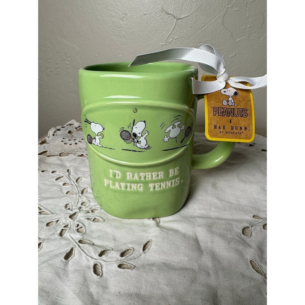Rae Dunn green Snoopy I'D RATHER BE PLAYING TENNIS mug